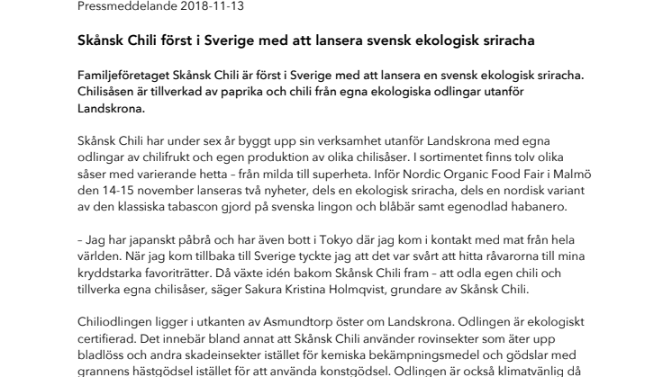 Skånsk Chili först i Sverige med att lansera svensk ekologisk sriracha 