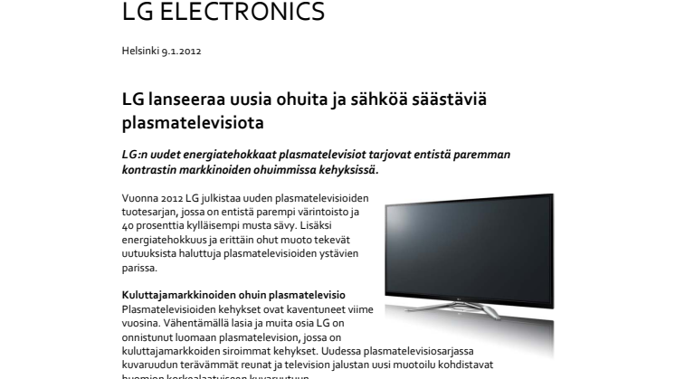 LG lanseeraa uusia ohuita ja sähköä säästäviä plasmatelevisiota