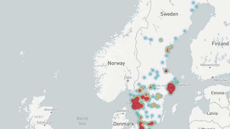 Skärmdump av spridningskartan från 11/6 klockan 11.20. Datapunkter analyseras från 112-samtalet. Då omedelbar överkoppling sker mot regionerna Sörmland, Uppsala och Västmanland så finns denna data ej tillgänglig för dessa regioner.