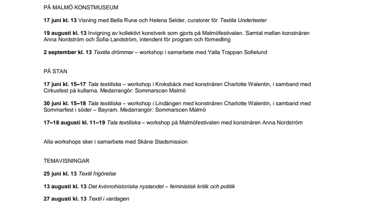 Program Textila undertexter Malmö Konstmuseum