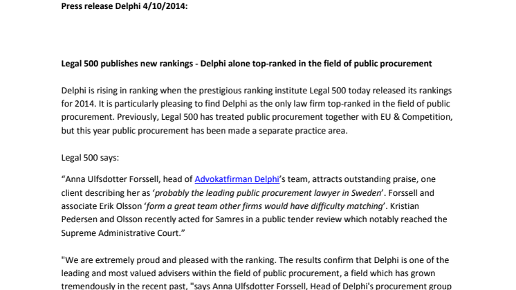 Legal 500 publishes new rankings - Delphi alone top-ranked in the field of public procurement