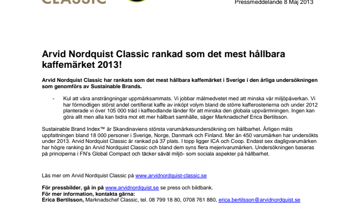 Arvid Nordquist Classic rankad som det mest hållbara kaffemärket 2013!
