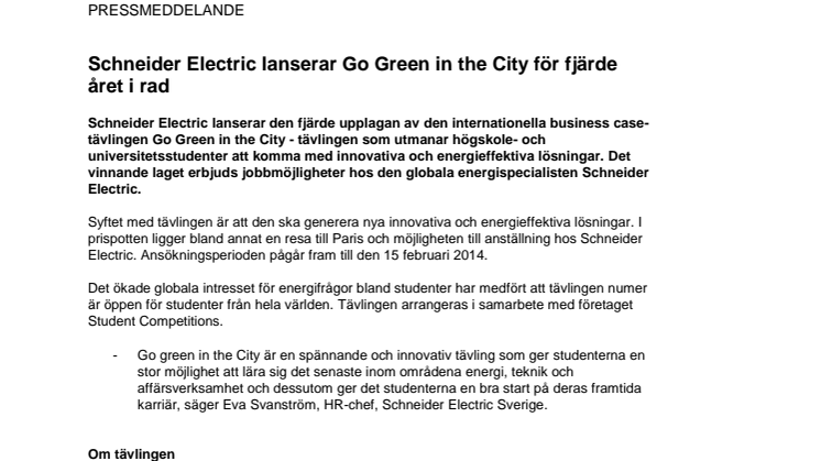 Schneider Electric lanserar Go Green in the City för fjärde året i rad