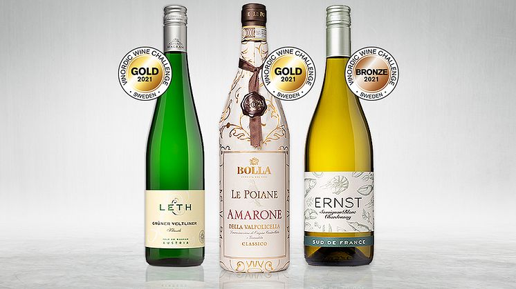 Guld till Bolla Le Poiane Amarone 2016. Guld till Leth Grüner Veltliner 2020. Brons till ERNST Sauvignon Blanc 2020. Tre vinnarviner från Domaine Wines i Vinordic Wine Challenge.