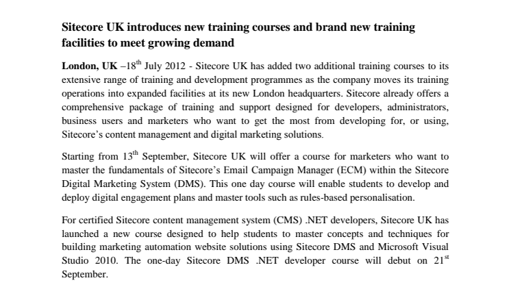 Sitecore UK introduces new training courses and brand new training facilities to meet growing demand
