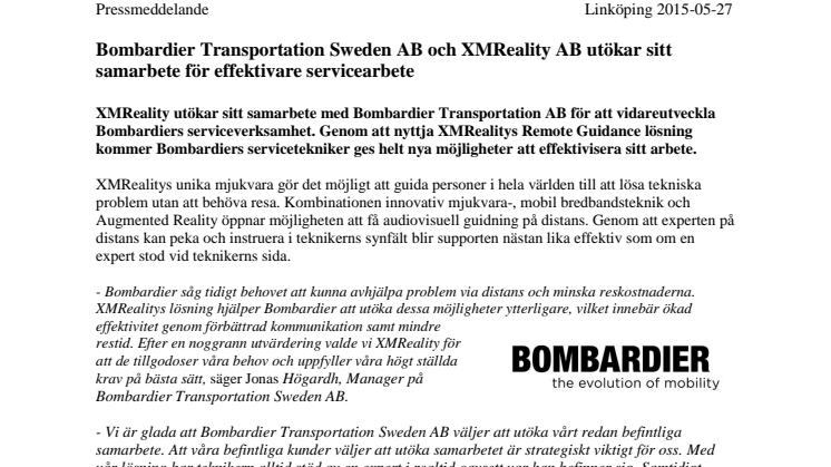 Bombardier Transportation Sweden AB och XMReality AB utökar sitt samarbete för effektivare servicearbete