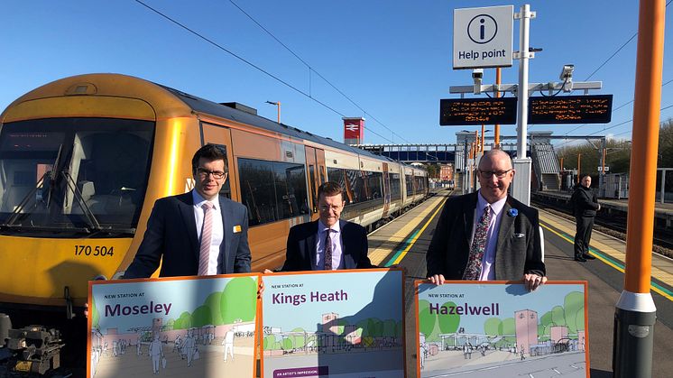 Jonny Wiseman of West Midlands Railway, Mayor Andy Street and Geoff Grant from Transport Focus with the special train