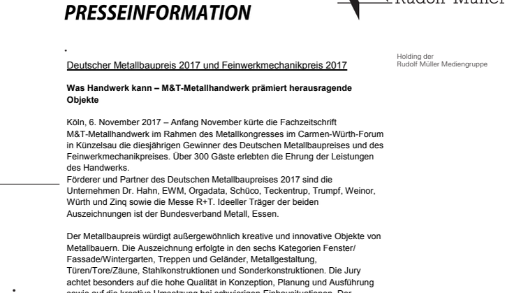Deutscher Metallbaupreis 2017 und Feinwerkmechanikpreis 2017