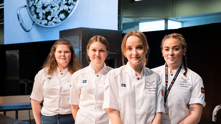 2022 års kandidater till Bocuse d'Or Sweden Commis Award. Paulina Änggren, Wilma Johansson, Isabella Winkler och Annie Thulin