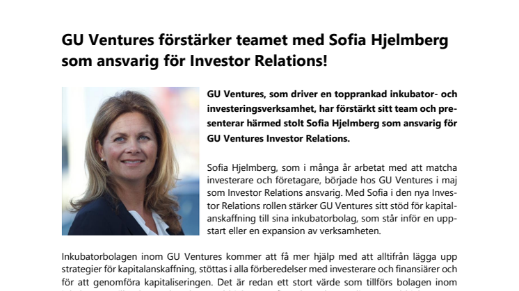GU Ventures förstärker teamet med Sofia Hjelmberg som ansvarig för Investor Relations!