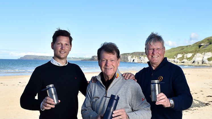 (L-R) Anders Jacobson, co-founder and CEO of Blue, the impact led investment company owning Bluewater, Tom Watson, Global Ambassador for The Open, and Martin Slumbers, Chief Executive of The R&A, launch The Open Water initiative at Portrush.