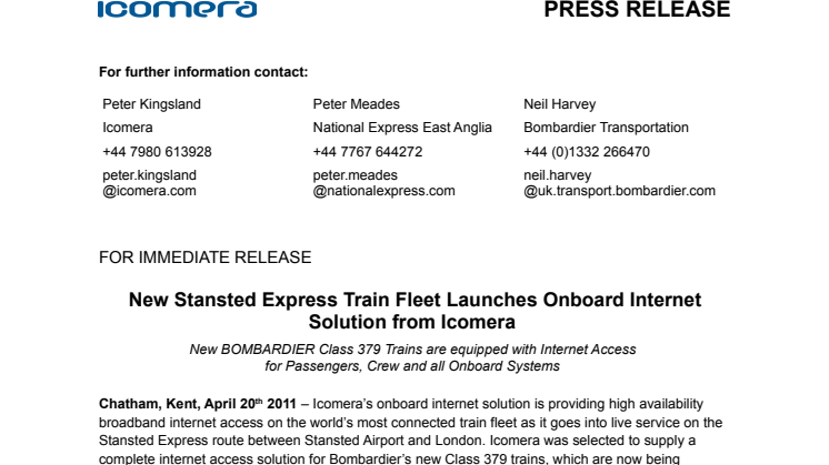 New Stansted Express Train Fleet Launches Onboard Internet Solution from Icomera