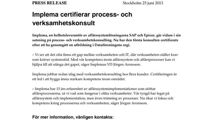 Implema certifierar process- och verksamhetskonsult