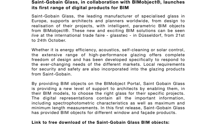 Saint-Gobain Glass, in collaboration with BIMobject®, launches its first range of digital products for BIM