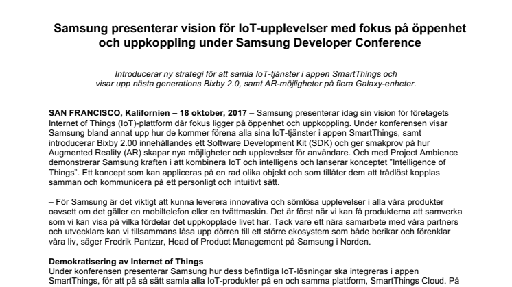 Samsung presenterar vision för IoT-upplevelser med fokus på öppenhet och uppkoppling under Samsung Developer Conference