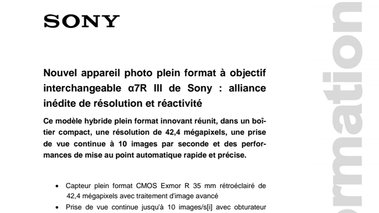 Nouvel appareil photo plein format à objectif interchangeable α7R III de Sony : alliance inédite de résolution et réactivité
