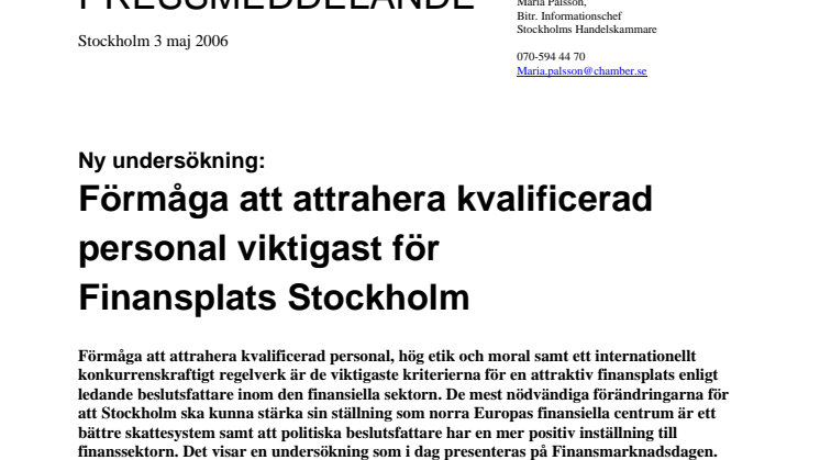 Ny undersökning: Förmåga att attrahera kvalificerad personal viktigast för Finansplats Stockholm
