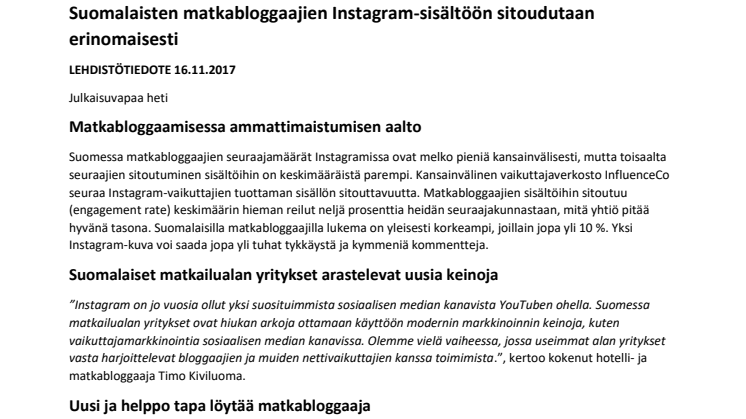 Suomalaisten matkabloggaajien Instagram-sisältöön sitoudutaan erinomaisesti