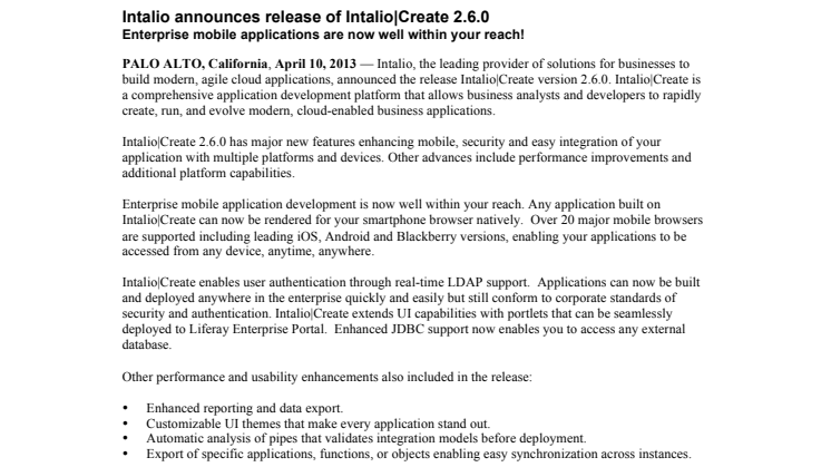 Intalio announces Intalio|Create 2.6.0