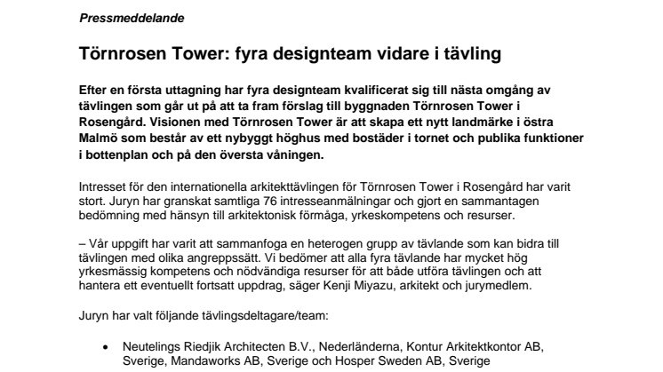 Törnrosen Tower: fyra designteam vidare i tävling