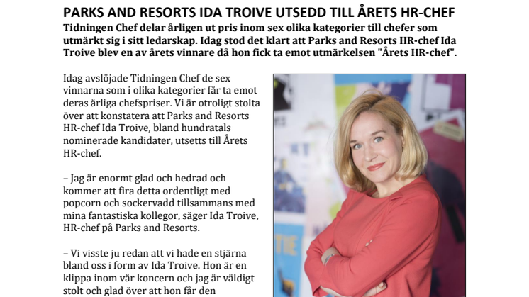 Parks and Resorts Ida Troive utsedd till Årets HR-chef