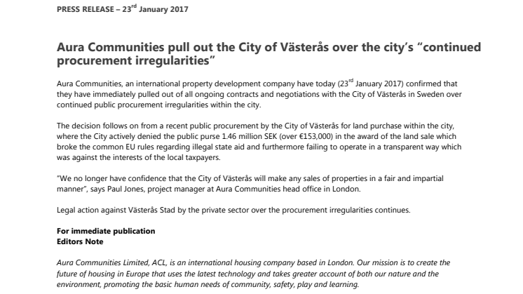 Aura Communities pull out the City of Västerås over the city’s “continued procurement irregularities”