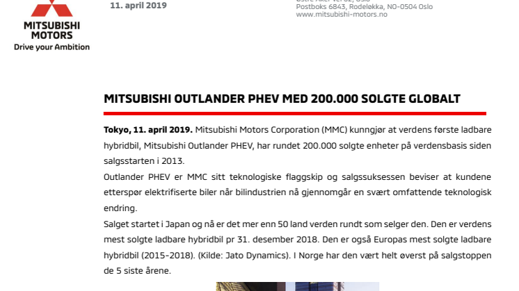 Mitsubishi Outlander PHEV med 200.000 solgte globalt