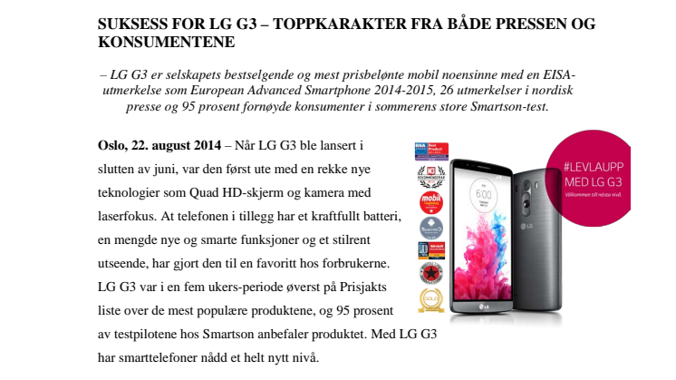 SUKSESS FOR LG G3 – TOPPKARAKTER FRA BÅDE PRESSEN OG KONSUMENTENE