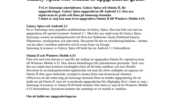 Galaxy Spica och Omnia II uppgraderas gratis