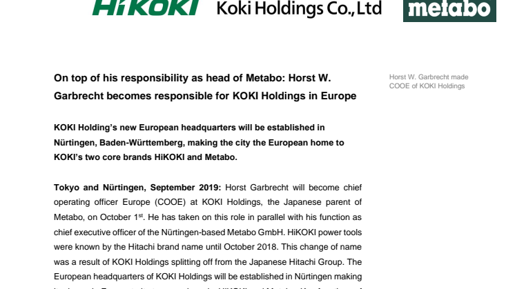 Horst Garbrecht -  Chief Operating officer Europe (COOE) för KOKI Holdings