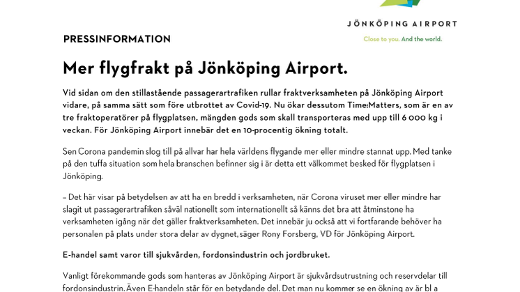 Mer flygfrakt på Jönköping Airport