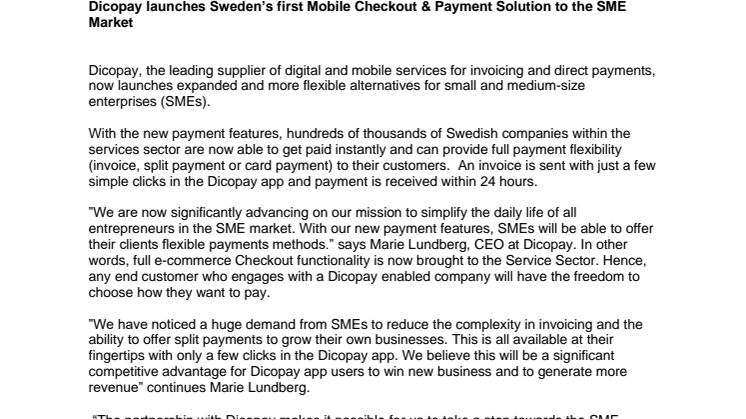 Dicopay launches Sweden’s first Mobile Checkout & Payment Solution to the SME Market
