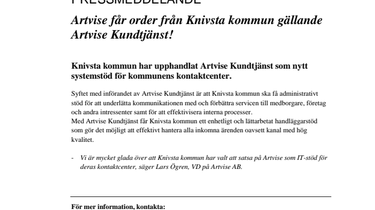 Artvise får order från Knivsta kommun gällande Artvise Kundtjänst!