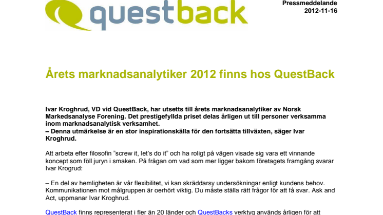 Årets marknadsanalytiker 2012 finns hos QuestBack