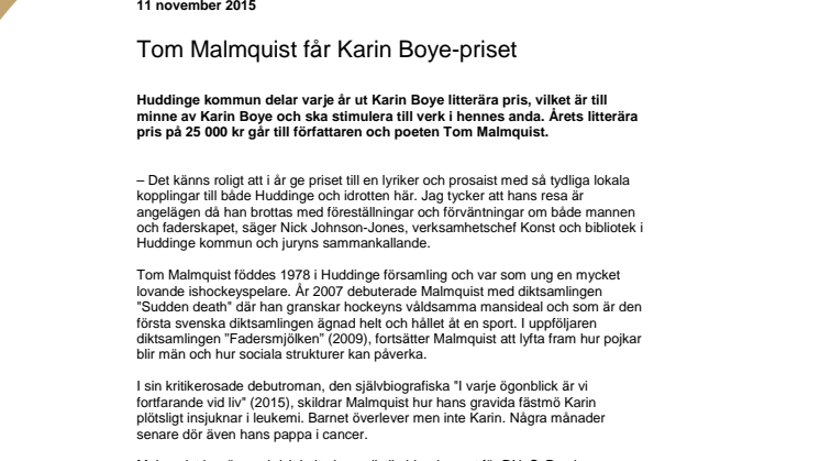 Tom Malmquist får Karin Boye-priset