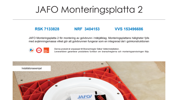 Monteringsanvisning för JAFO Monteringsplatta 2