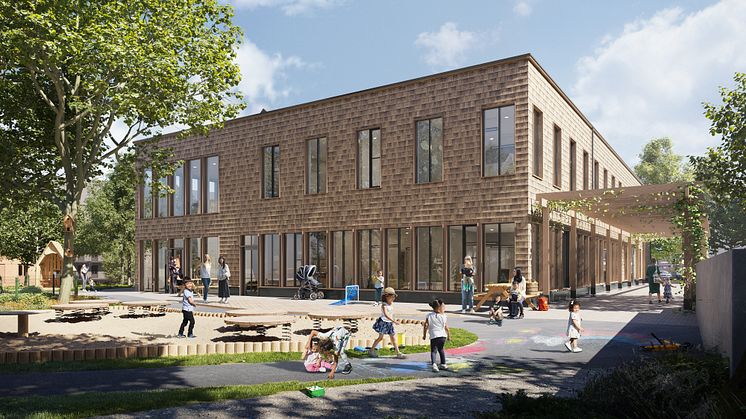 Fridaskolans förskola i Kallebäcks Terrasser välkomnar 120 förskolebarn i åldrarna 0 – 5 år hösten 2023. Förskolan blir nästan 1 300 kvadratmeter och byggs enligt Miljöbyggnad silver. Arkitekt är Liljewall arkitekter.