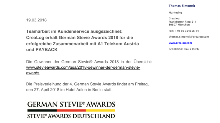 Teamarbeit im Kundenservice ausgezeichnet: CreaLog erhält German Stevie Awards 2018 für die  erfolgreiche Zusammenarbeit mit Telekom A1 Austria und PAYBACK