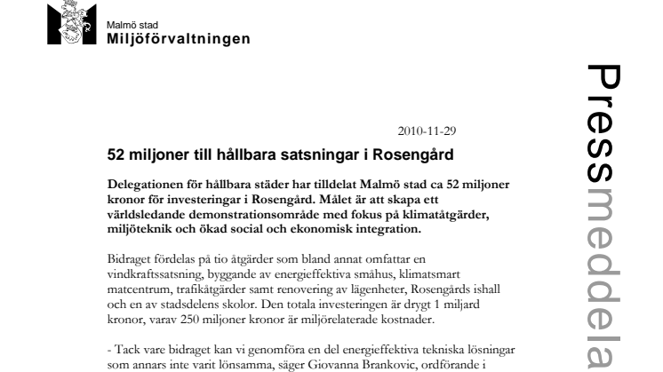 52 miljoner till hållbara satsningar i Rosengård