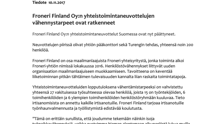 Froneri Finland Oy:n yhteistoimintaneuvottelujen vähennystarpeet ovat ratkenneet