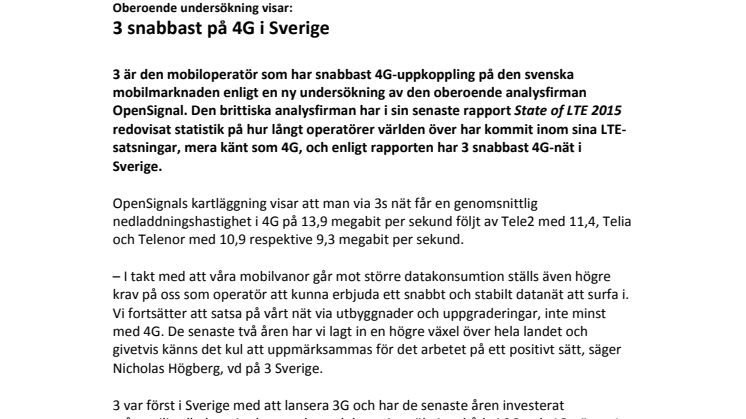 Oberoende undersökning visar: 3 snabbast på 4G i Sverige