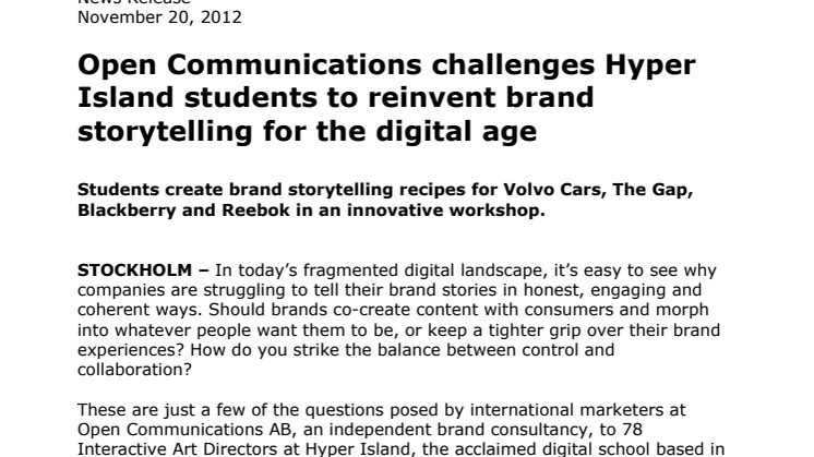 Open Communications challenges Hyper Island students to reinvent brand storytelling for the digital age