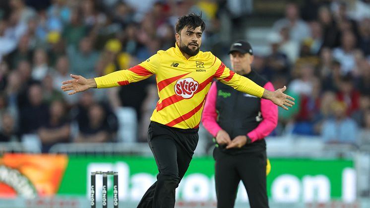 Rashid Khan celebrates a wicket in The Hundred last year. Photo: ECB/Getty Images