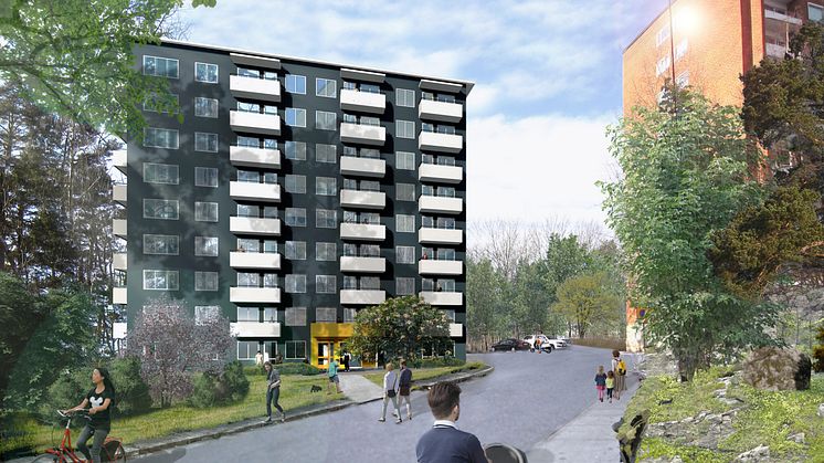 Huge Bostäder bygger 62 lägenheter för unga i Trångsund, Huddinge. Bild: HMXW Arkitekter. 