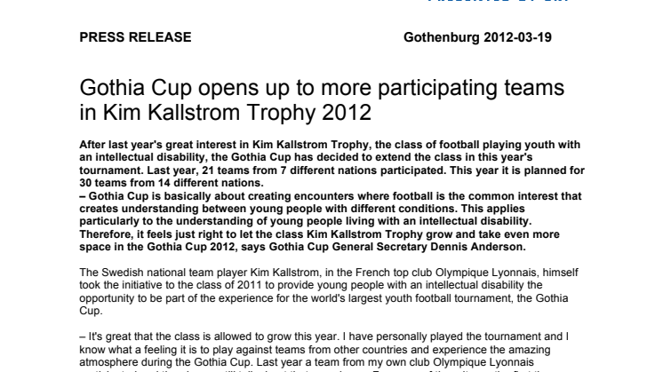 Gothia Cup opens up to more participating teams in Kim Källstrom Trophy 2012