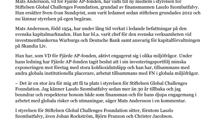 Mats Andersson ny styrelseledamot i Stiftelsen Global Challenges Foundation