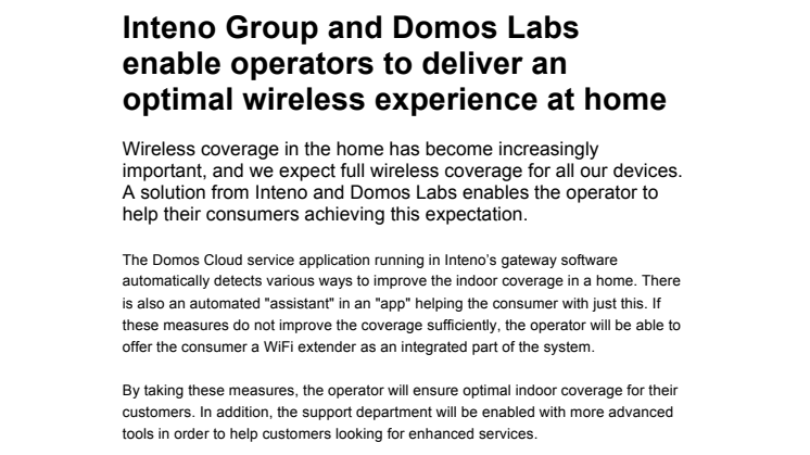 Inteno Group and Domos Labs enable operators to deliver an optimal wireless experience at home