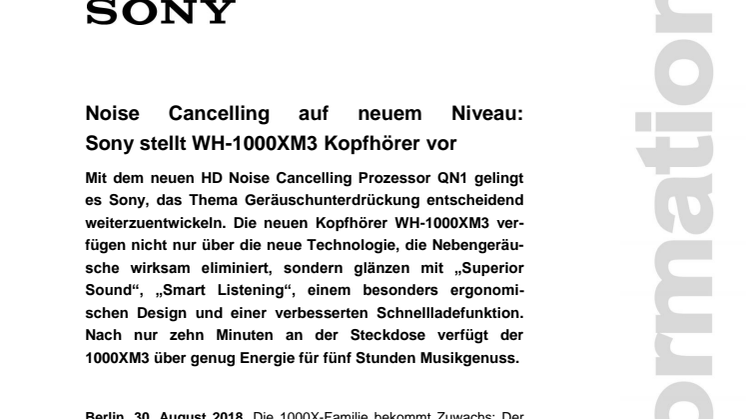 Noise Cancelling auf neuem Niveau:  Sony stellt WH-1000XM3 Kopfhörer vor