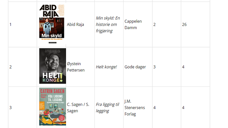 På Boklista for generell litteratur er Min skyld av Abid Raja på topp. Boken har nå ligget sammenhengende i et halvt år på bestselgerlisten. 