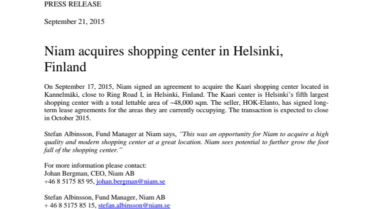 Niam acquires shopping center in Helsinki, Finland